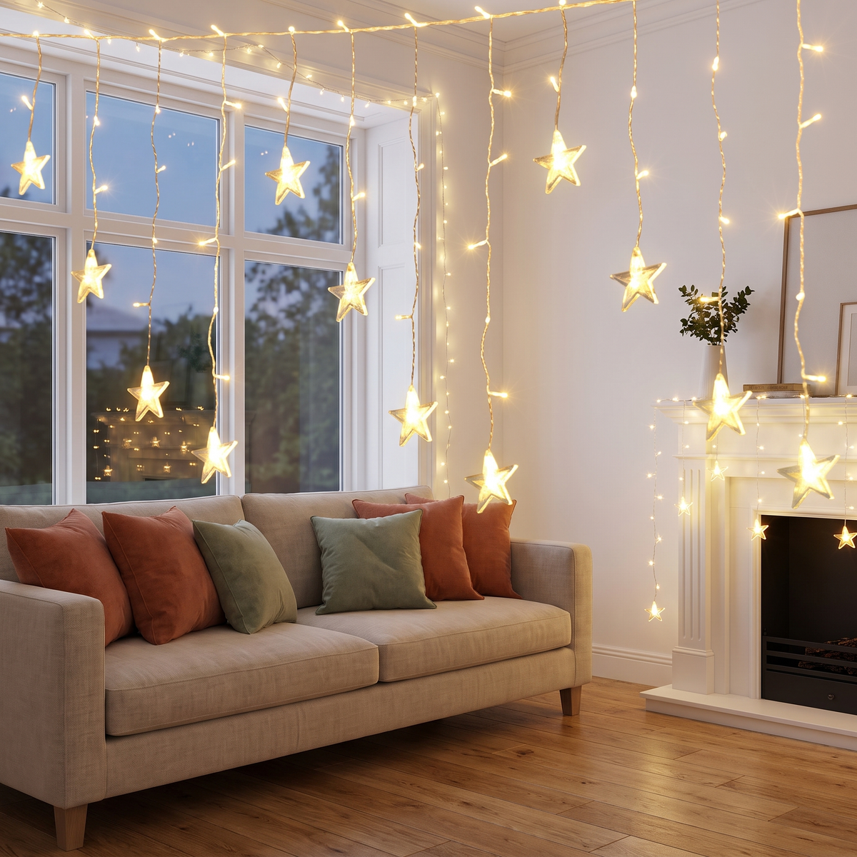 Warm White Star Icicle Christmas Lights – 6m, 160 LED, Solar or Plug – styled in a bright living room in the evening