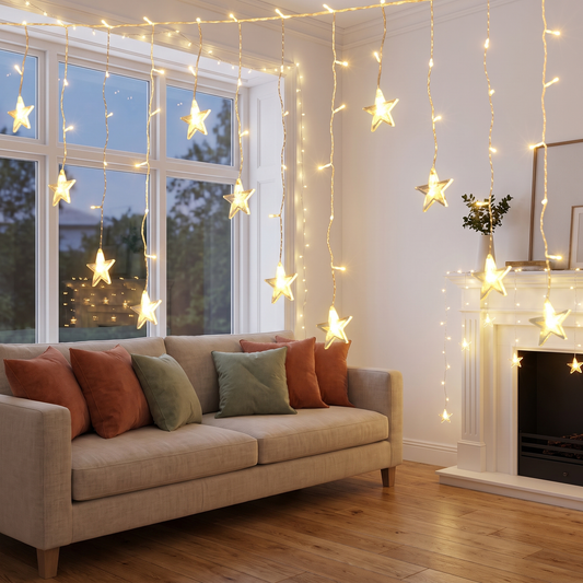 Warm White Star Icicle Christmas Lights – 6m, 160 LED, Solar or Plug – styled in a bright living room in the evening