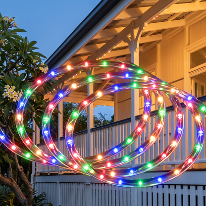 Multicolour LED Rope Christmas Lights – 20m, 600 LED – glowing along a Queenslander verandah at dusk