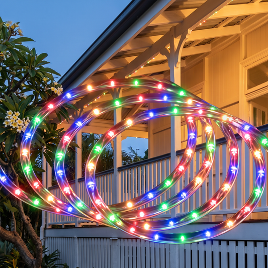 Multicolour LED Rope Christmas Lights – 20m, 600 LED – glowing along a Queenslander verandah at dusk