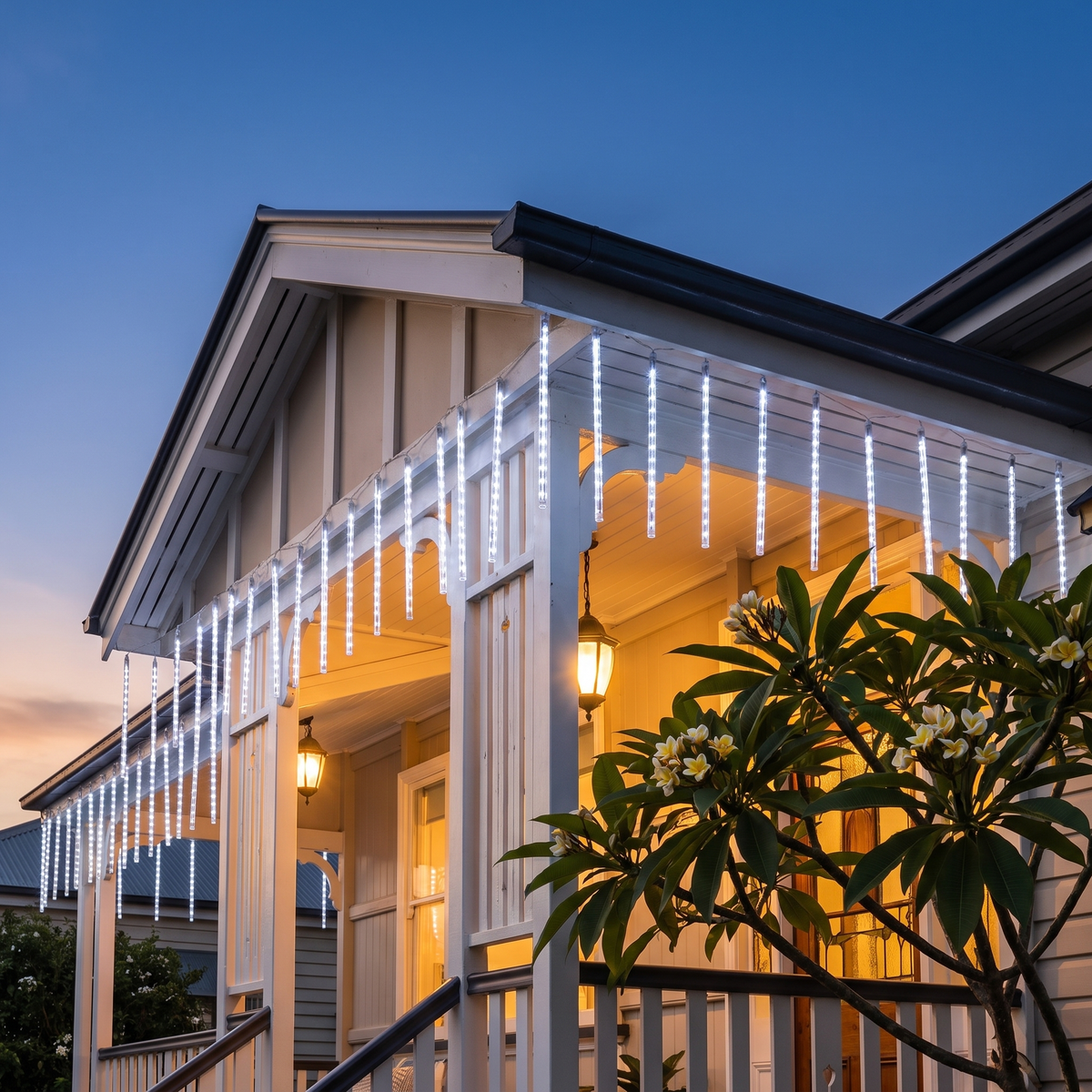 Cool White Falling Icicle Christmas Lights – 12m, 960 LED – glowing along a Queenslander verandah at dusk