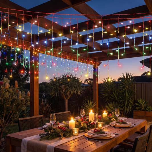 Multicolour LED Icicle Christmas Lights – 20m, 800 LED – glowing over an alfresco pergola at dusk
