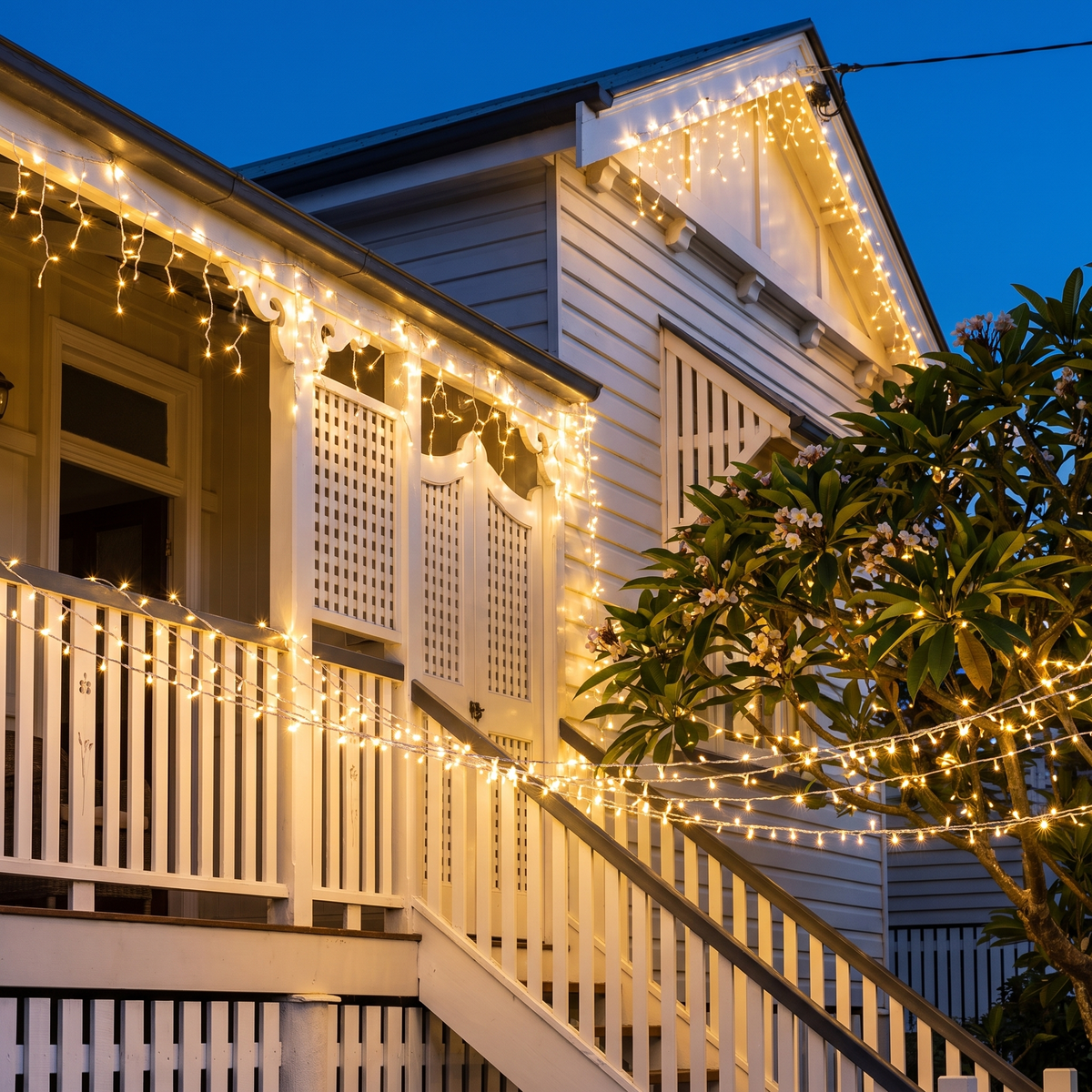 Cool White LED String Christmas Lights – 100m, 500 LED – glowing along a Queenslander verandah at dusk