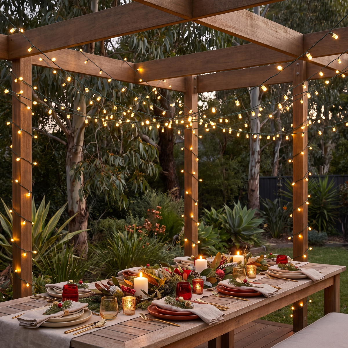 Warm White LED Fairy Christmas Lights – 20m, 200 LED – glowing over an alfresco pergola at dusk