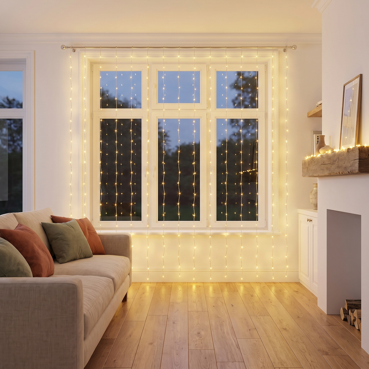 Warm White LED Curtain Christmas Lights – 6m x 3m, 600 LED – styled in a bright living room in the evening