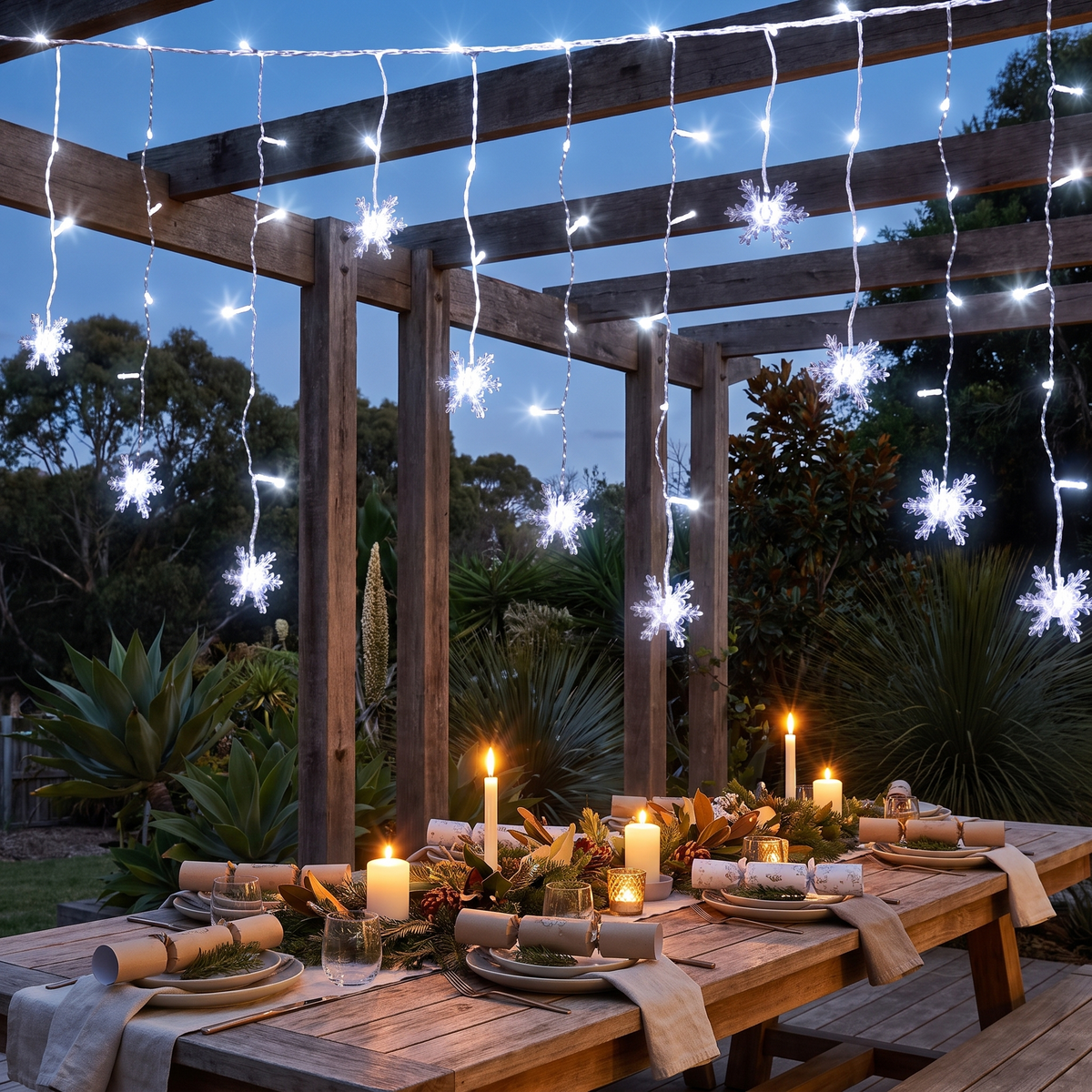 Cool White Snowflake Icicle Christmas Lights – 6m, 160 LED, Solar or Plug – glowing over an alfresco pergola at dusk