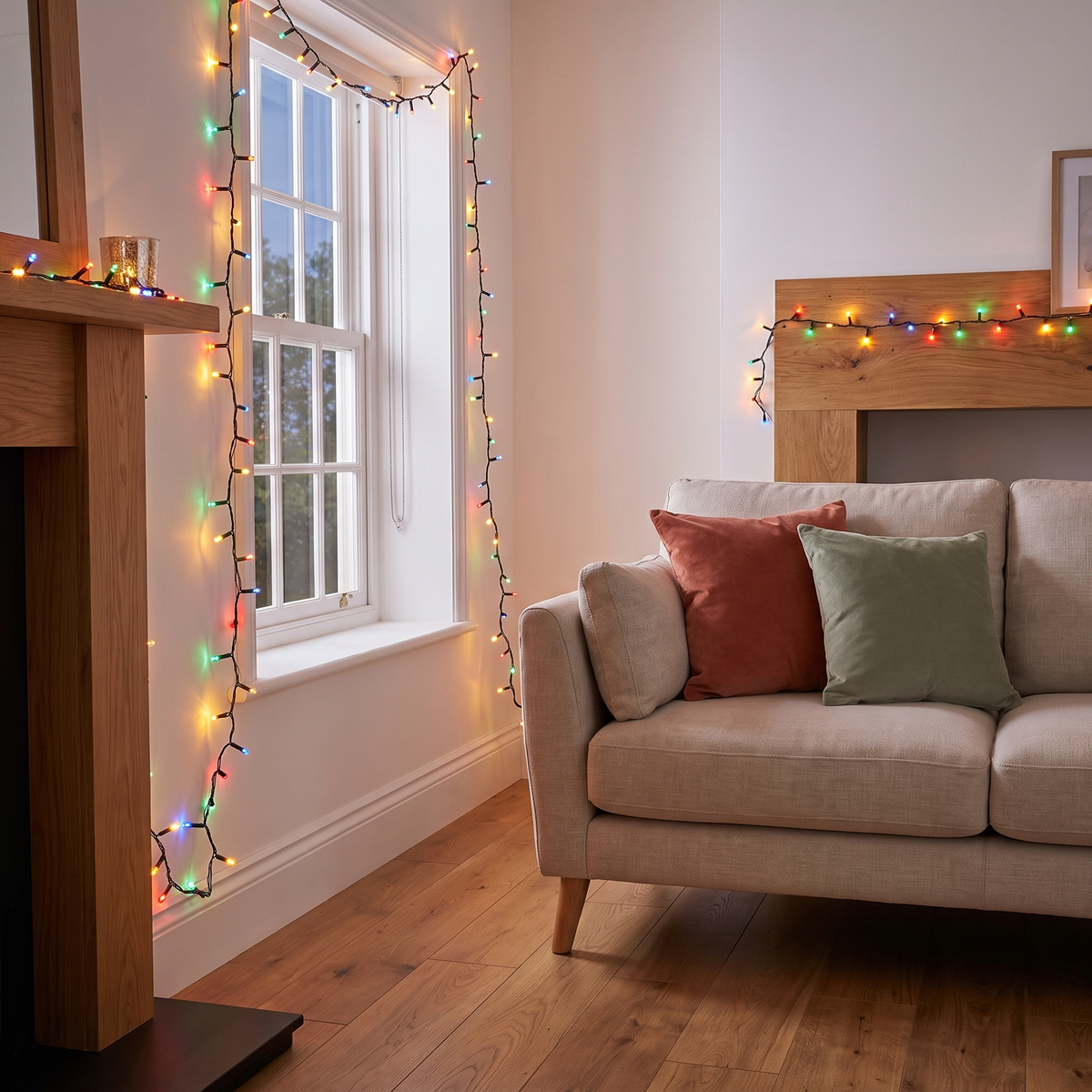 Multicolour LED Fairy Christmas Lights – 20m, 200 LED – styled in a bright living room in the evening