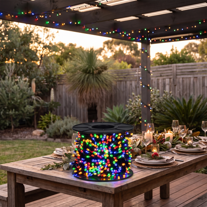 Multicolour Fairy Christmas Lights on Reel – 69.9m, 1000 LED – glowing over an alfresco pergola at dusk