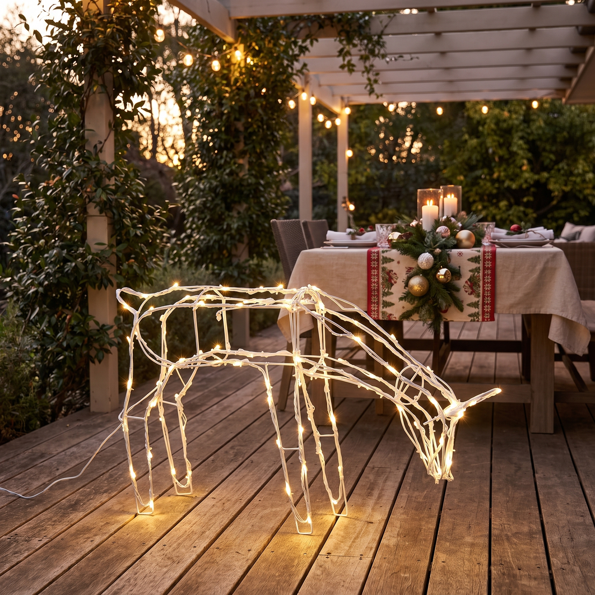 Solar LED Standing Reindeer Christmas Decoration – 60cm – glowing on a backyard deck at dusk