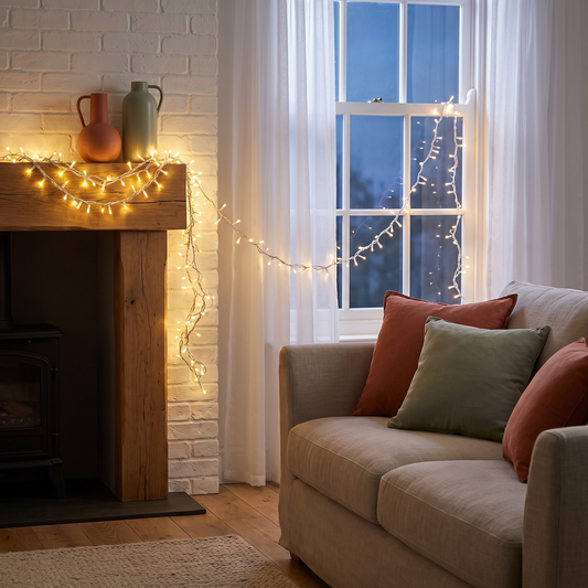 Warm White Fairy Christmas Lights, White Cable – 40m, 400 LED – styled in a bright living room in the evening