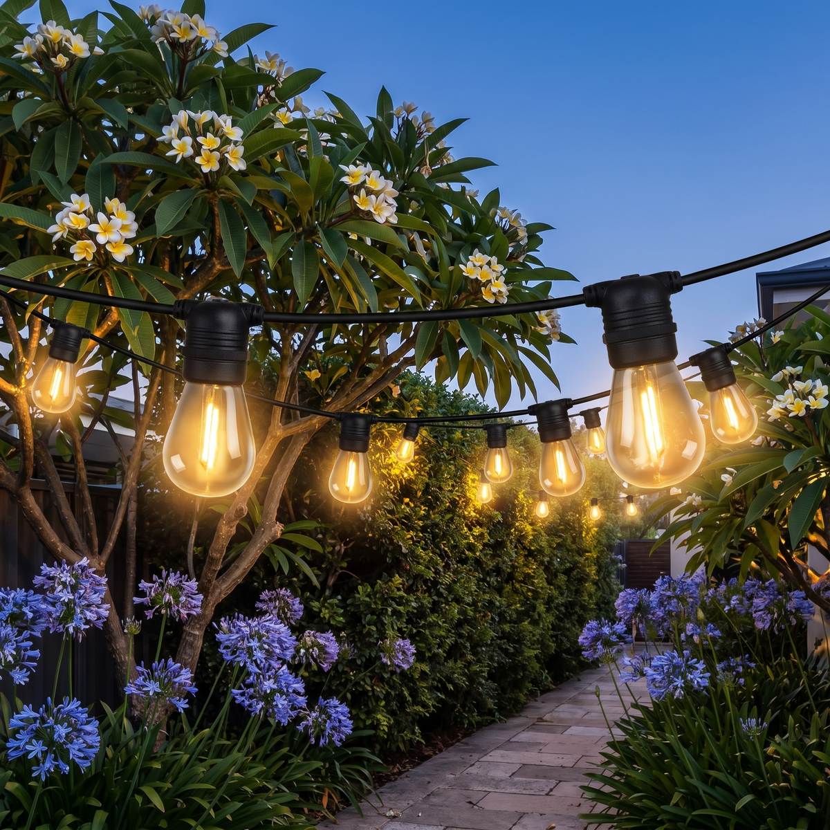 Warm White LED Festoon Christmas String Lights – 14m, 10 Bulbs – glowing along a coastal garden path at twilight
