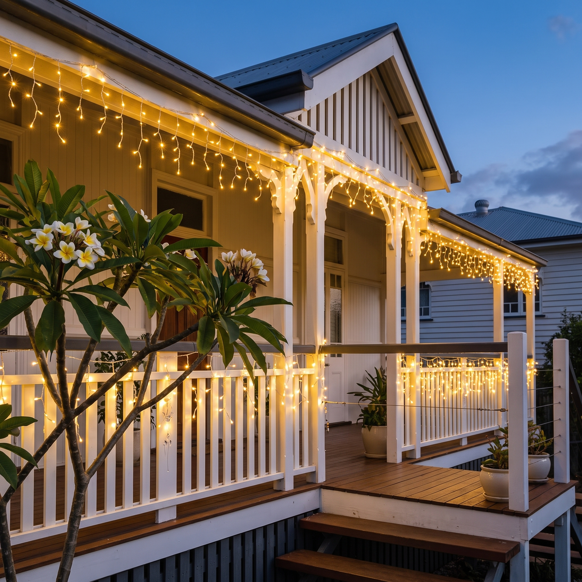 Warm White LED Fairy Christmas Lights – 40m, 400 LED – glowing along a Queenslander verandah at dusk