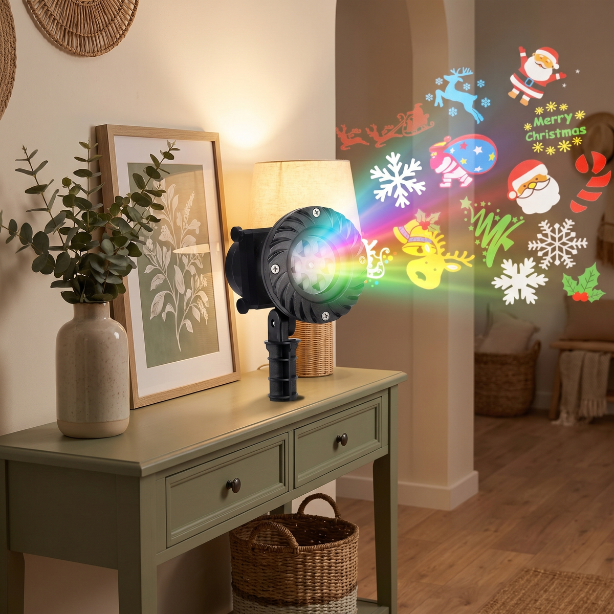 Multicolour Christmas Projector Light – 12 Festive Designs – projecting festive designs in a styled entryway at evening