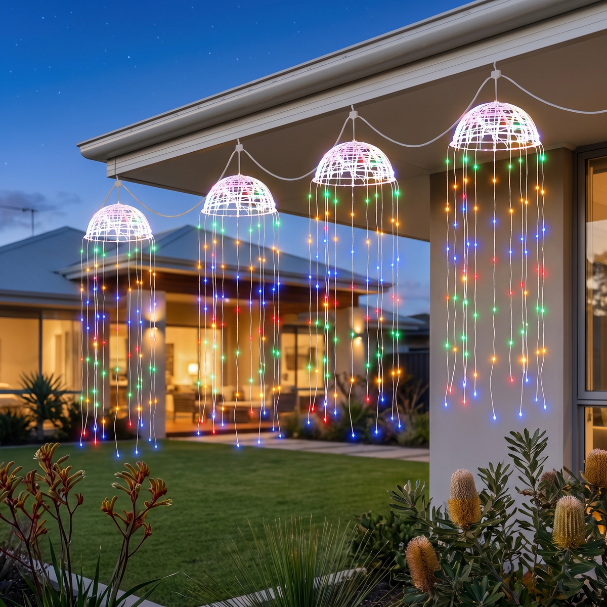 Multicolour Solar Jellyfish Christmas Lights – Set of 4, 224 LED – glowing in a front garden at blue-hour dusk