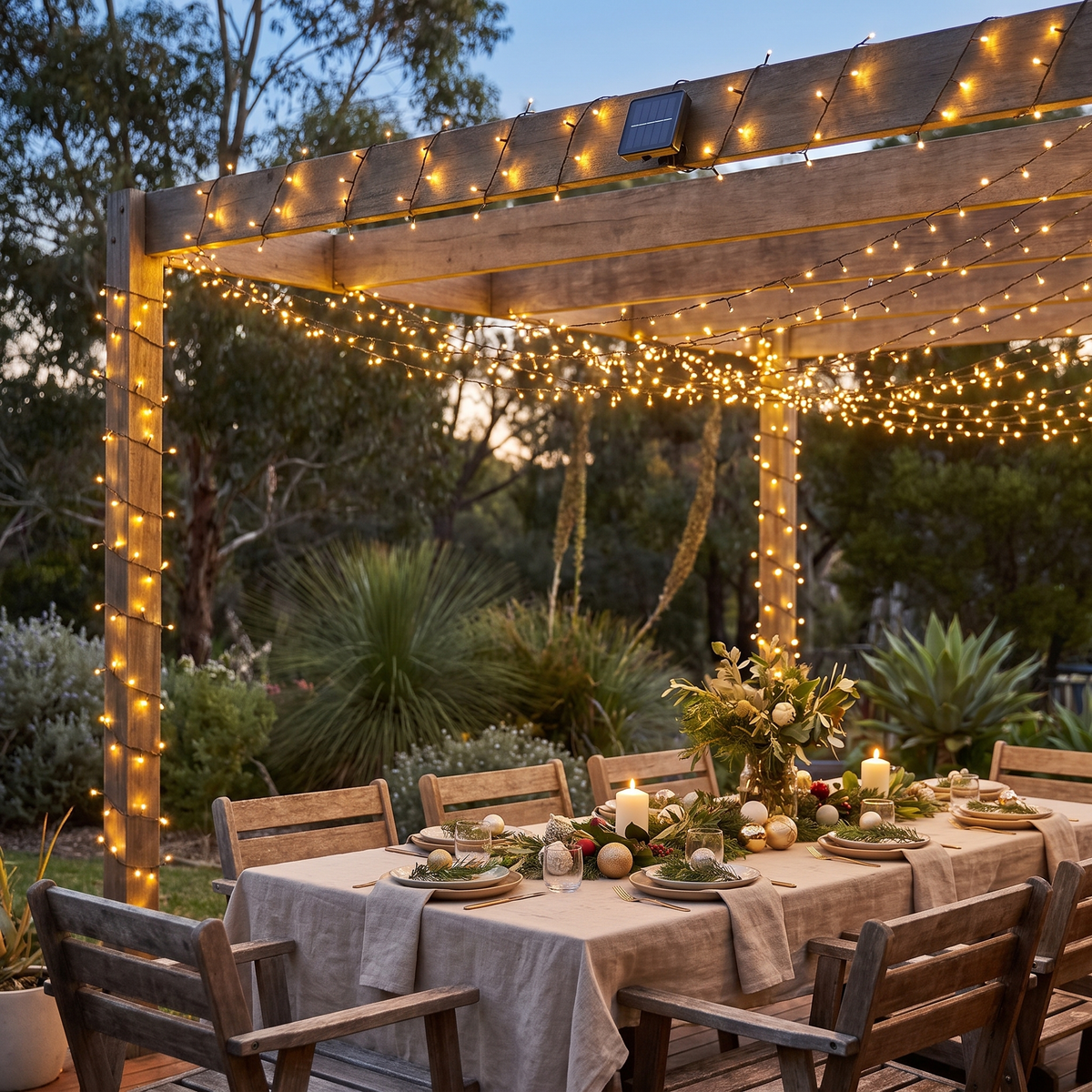 Warm White Solar LED Fairy Christmas Lights – 39.9m, 500 LED – glowing along a timber deck and pergola at dusk