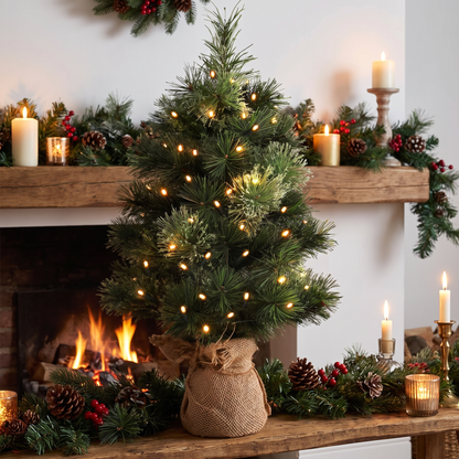 Pre-Lit Mini Christmas Tree with Linen Base – 60cm, 50 LED – glowing on a Christmas mantel