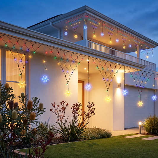 Multicolour Solar Snowflake Net Christmas Lights – 4m, 100 LED – glowing in the front garden of a modern home at blue-hour dusk