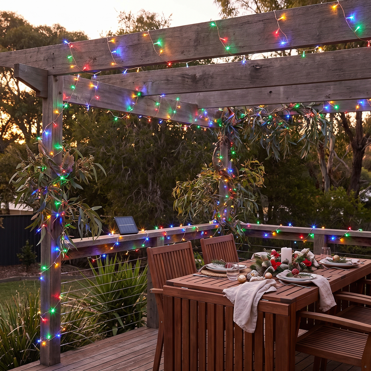 Multicolour Solar LED Fairy Christmas Lights – 39.9m, 500 LED – glowing along a timber deck and pergola at dusk