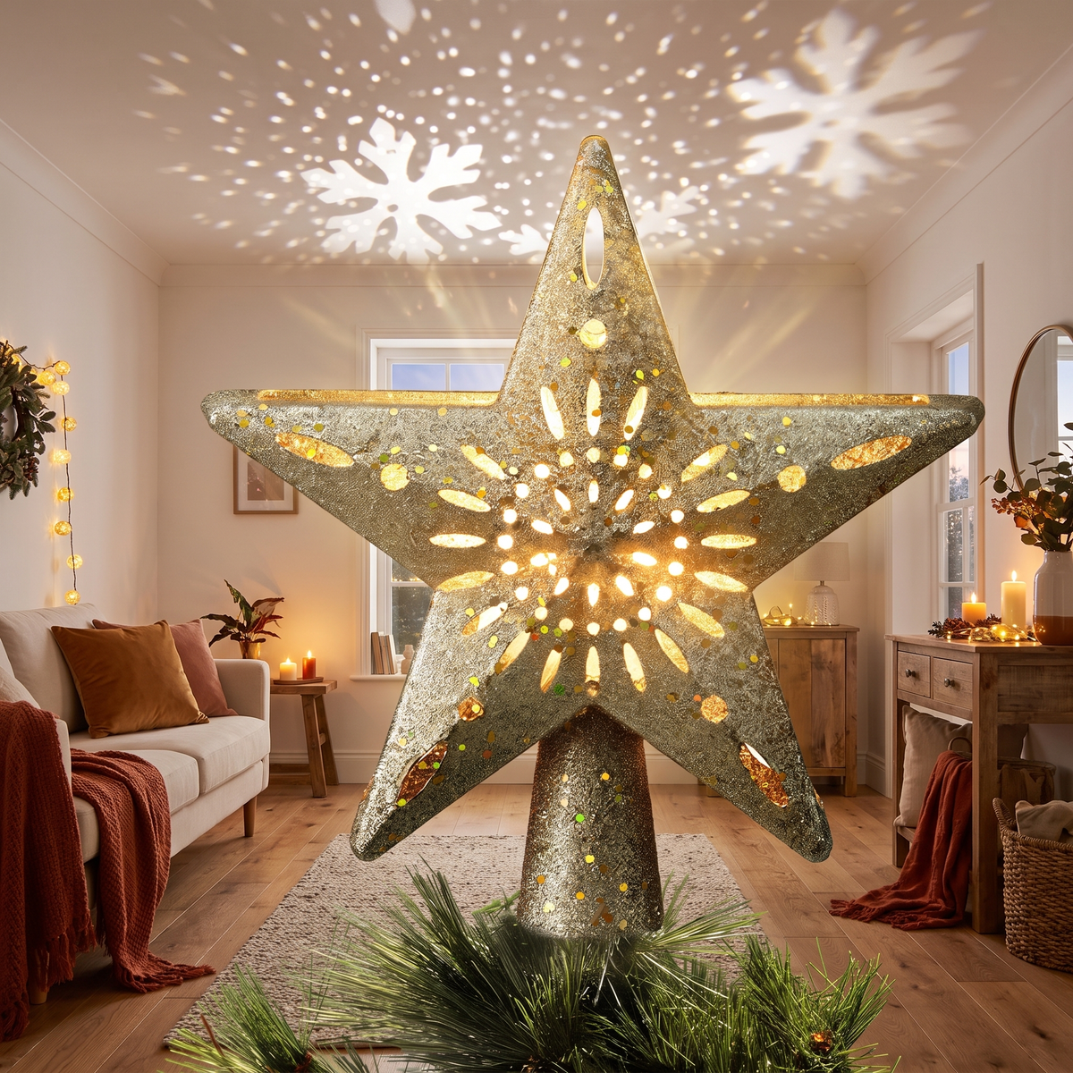 Gold Star Christmas Tree Topper with Snowflake Projector – 26cm – glowing in a styled living room at evening