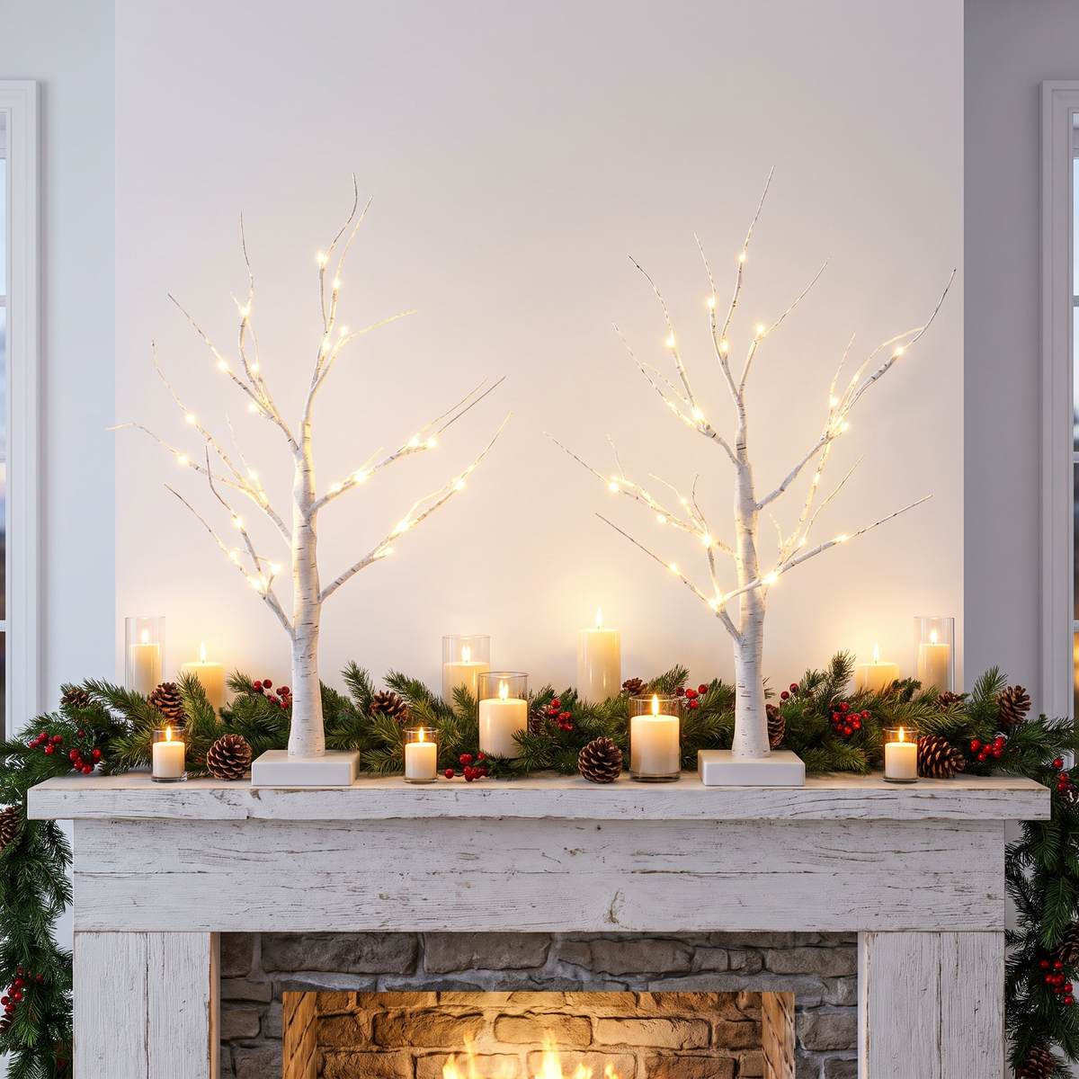 Warm White Pre-Lit Twig Christmas Tree Set – 60cm, Set of 2 – glowing on a Christmas mantel