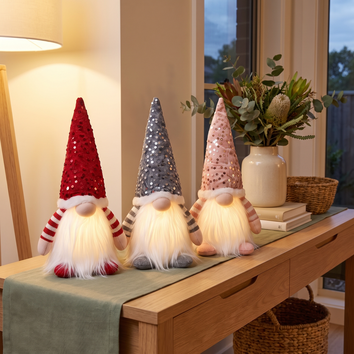 Light-Up Christmas Gnome Decorations – 30cm, Set of 3 – glowing on an entryway console at evening