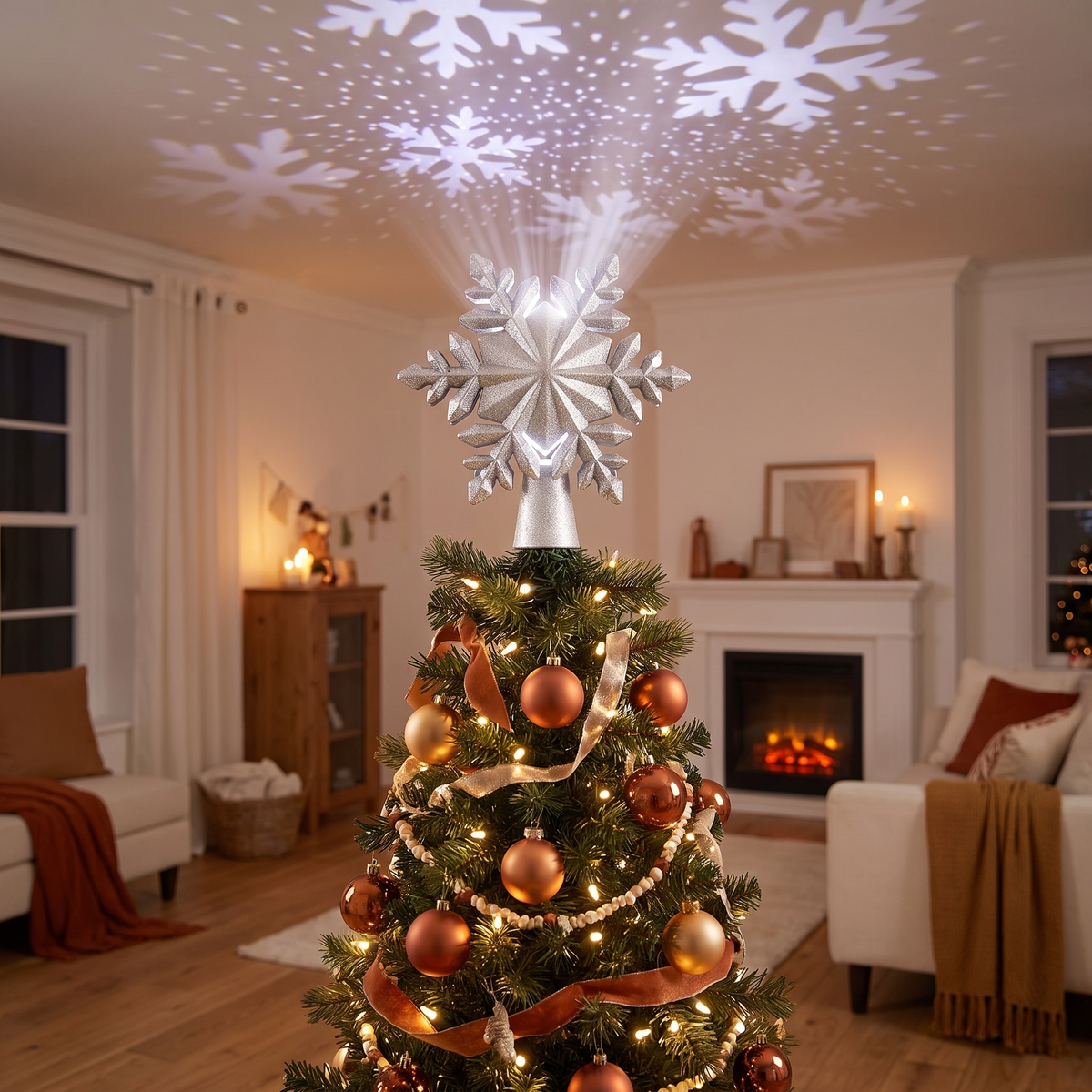 Silver Snowflake Projector Christmas Tree Topper – 23cm – glowing in a styled living room at evening