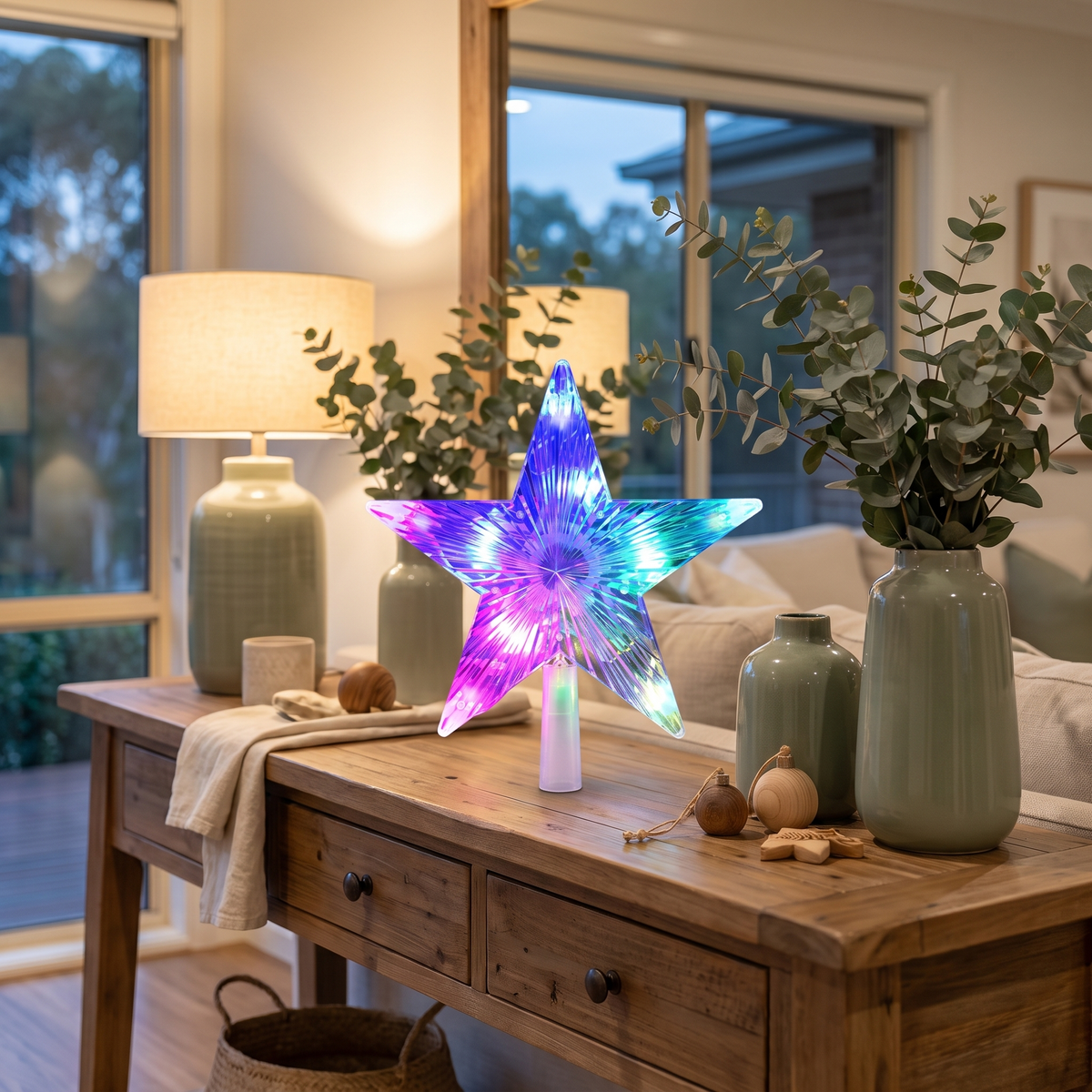 RGB Crystal LED Star Christmas Tree Topper – 23cm, App Control – glowing in a styled entryway at evening