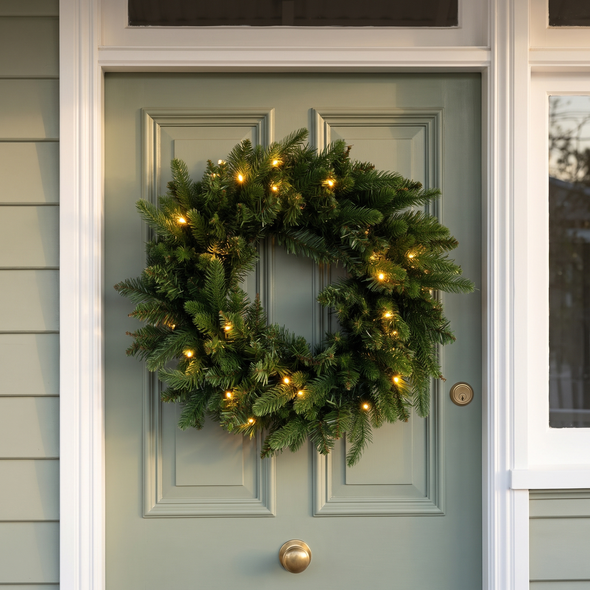 Green Pre-Lit LED Christmas Wreath – 50cm, Warm White – glowing on a sage-green front door