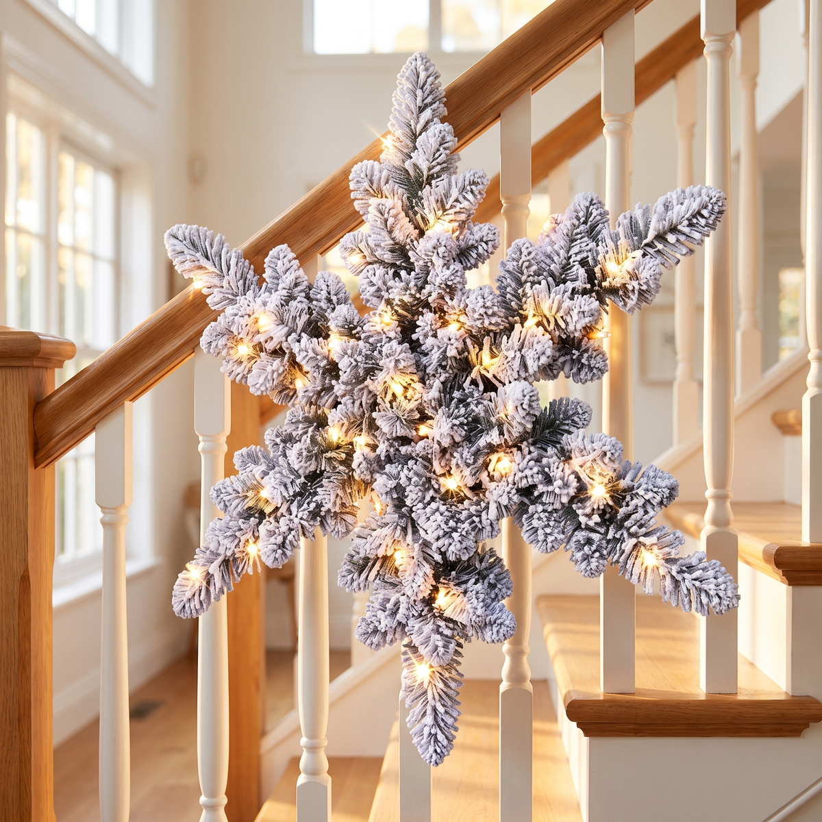 Pre-Lit Snow-Flocked Star Christmas Wreath – 60cm, 40 LED – glowing on a timber staircase banister