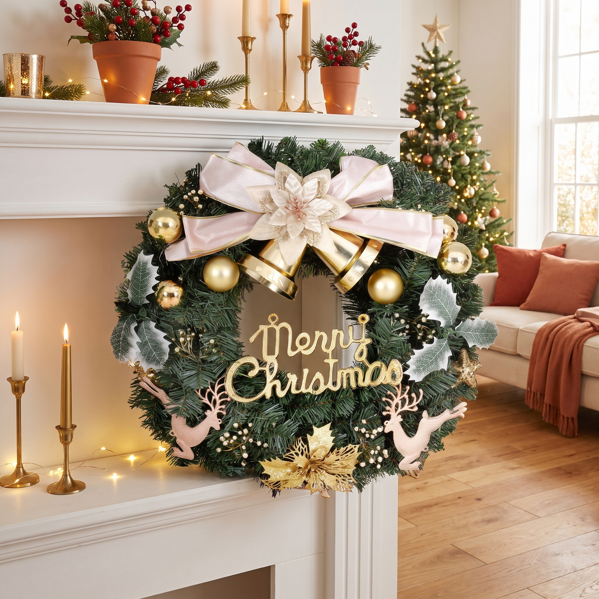 Green Decorated Christmas Wreath with Gold Baubles – 60cm – styled on a white mantelpiece