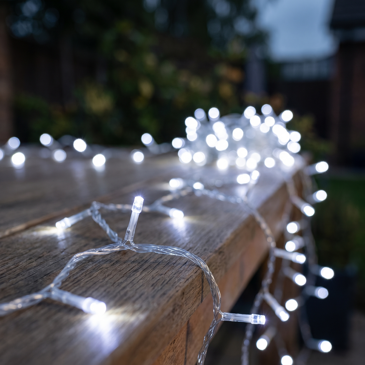 Cool White LED String Christmas Lights – 100m, 500 LED – close-up of the glowing LEDs