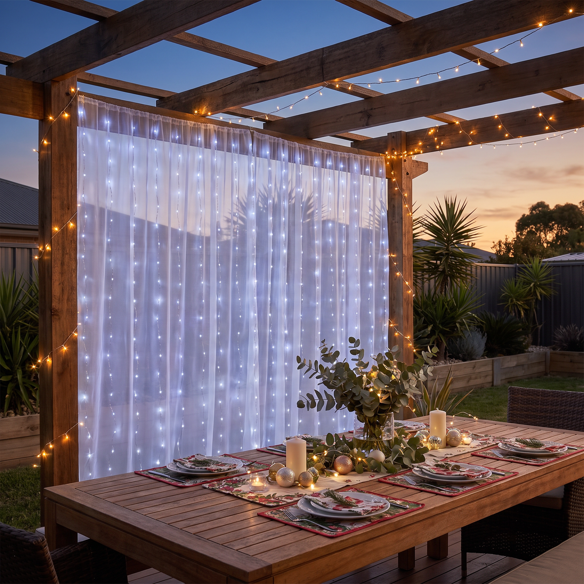 Cool White LED Curtain Christmas Lights – 6m x 3m, 600 LED – glowing over an alfresco pergola at dusk
