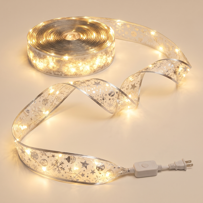 Silver Ribbon Warm White LED Christmas Lights – 20m, 200 LED – studio view