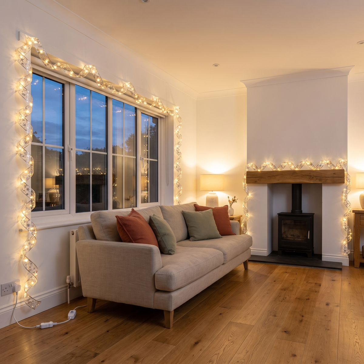 Silver Ribbon Warm White LED Christmas Lights – 20m, 200 LED – styled in a bright living room in the evening