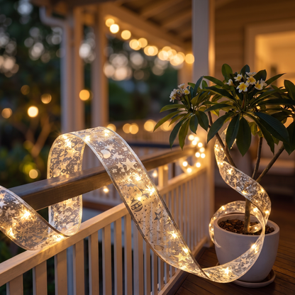 Silver Ribbon Warm White LED Christmas Lights – 20m, 200 LED – close-up of the glowing LEDs