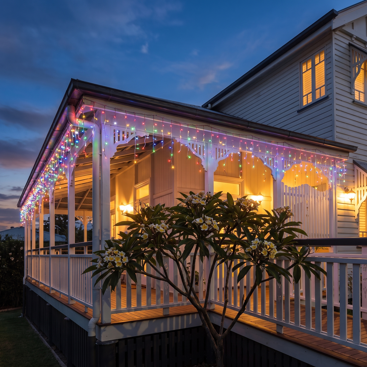 Multicolour LED Icicle Christmas Lights – 20m, 800 LED – glowing along a Queenslander verandah at dusk