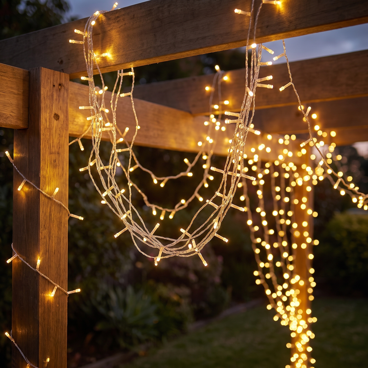 Warm White LED String Christmas Lights – 100m, 500 LED – close-up of the glowing LEDs