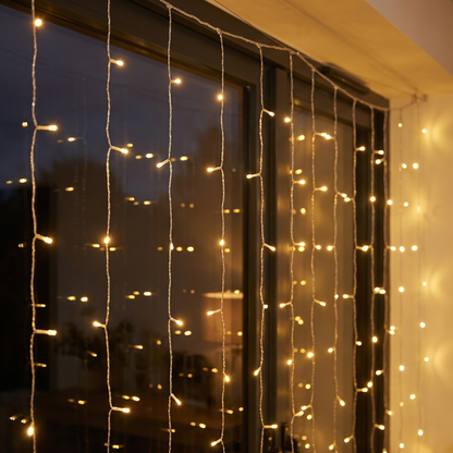 Warm White LED Curtain Christmas Lights – 6m x 3m, 600 LED – close-up of the glowing LEDs