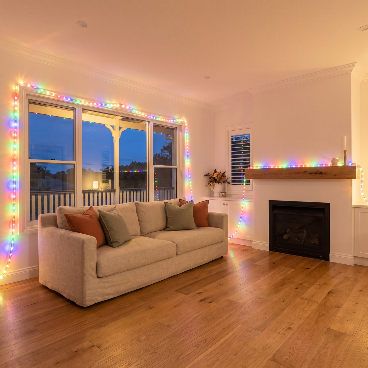 Multicolour LED Rope Christmas Lights – 20m, 600 LED – styled in a bright living room in the evening