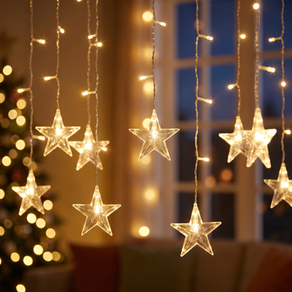 Warm White Star Icicle Christmas Lights – 6m, 160 LED, Solar or Plug – close-up of the glowing LEDs
