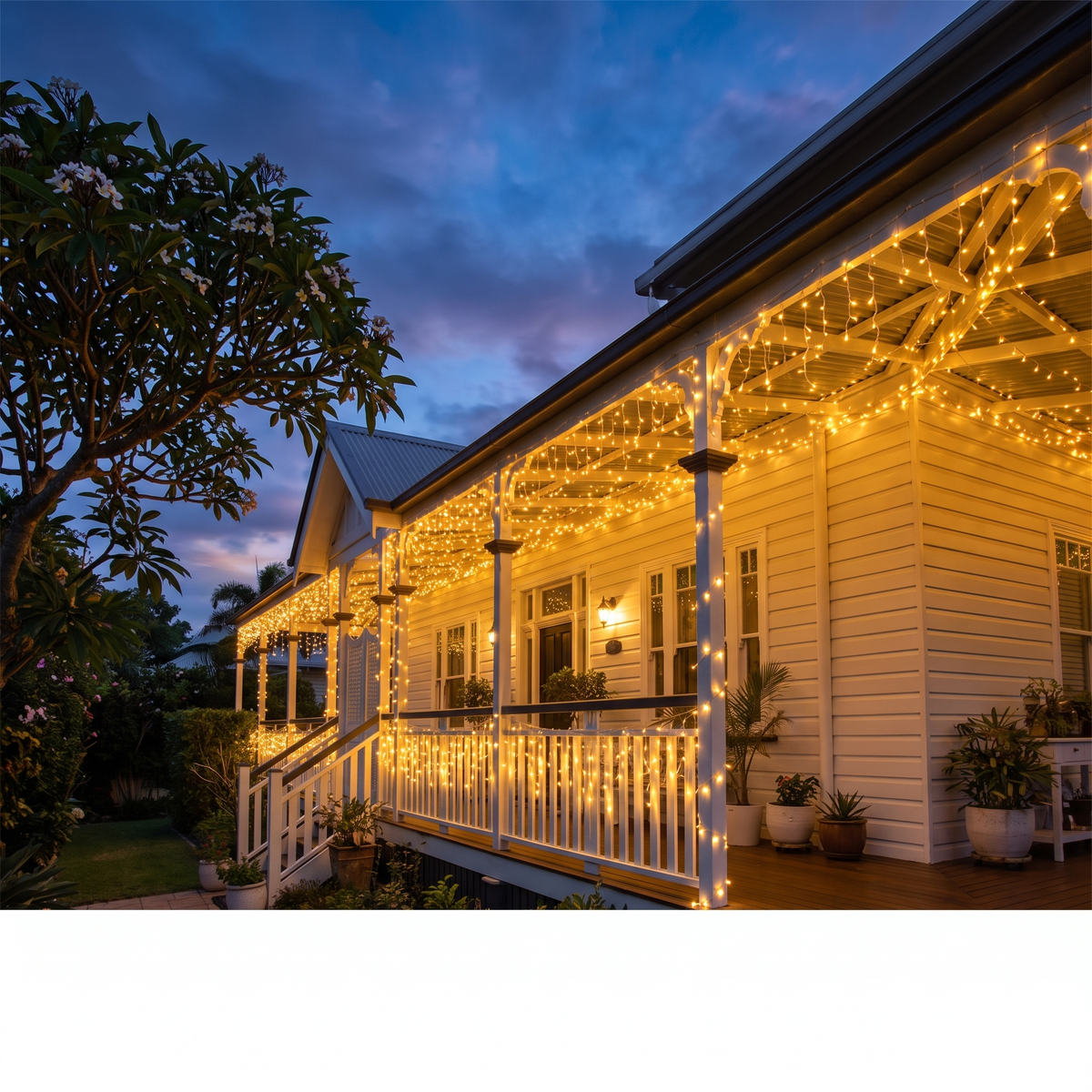 Warm White LED String Christmas Lights – 100m, 500 LED – glowing along a Queenslander verandah at dusk