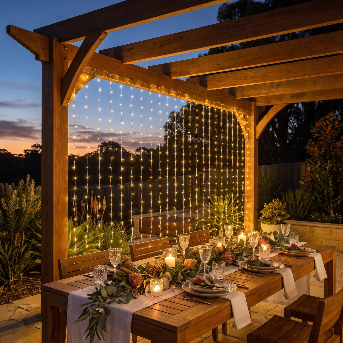 Warm White LED Curtain Christmas Lights – 6m x 3m, 600 LED – glowing over an alfresco pergola at dusk