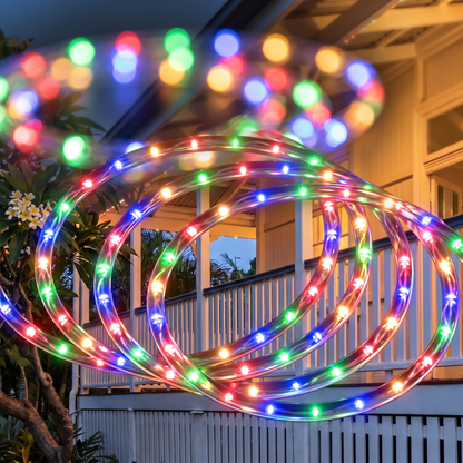 Multicolour LED Rope Christmas Lights – 20m, 600 LED – close-up of the glowing LEDs