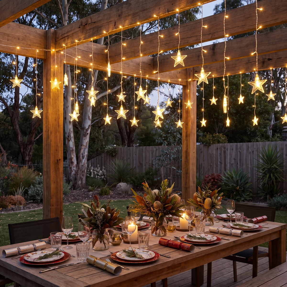 Warm White Star Icicle Christmas Lights – 6m, 160 LED, Solar or Plug – glowing over an alfresco pergola at dusk