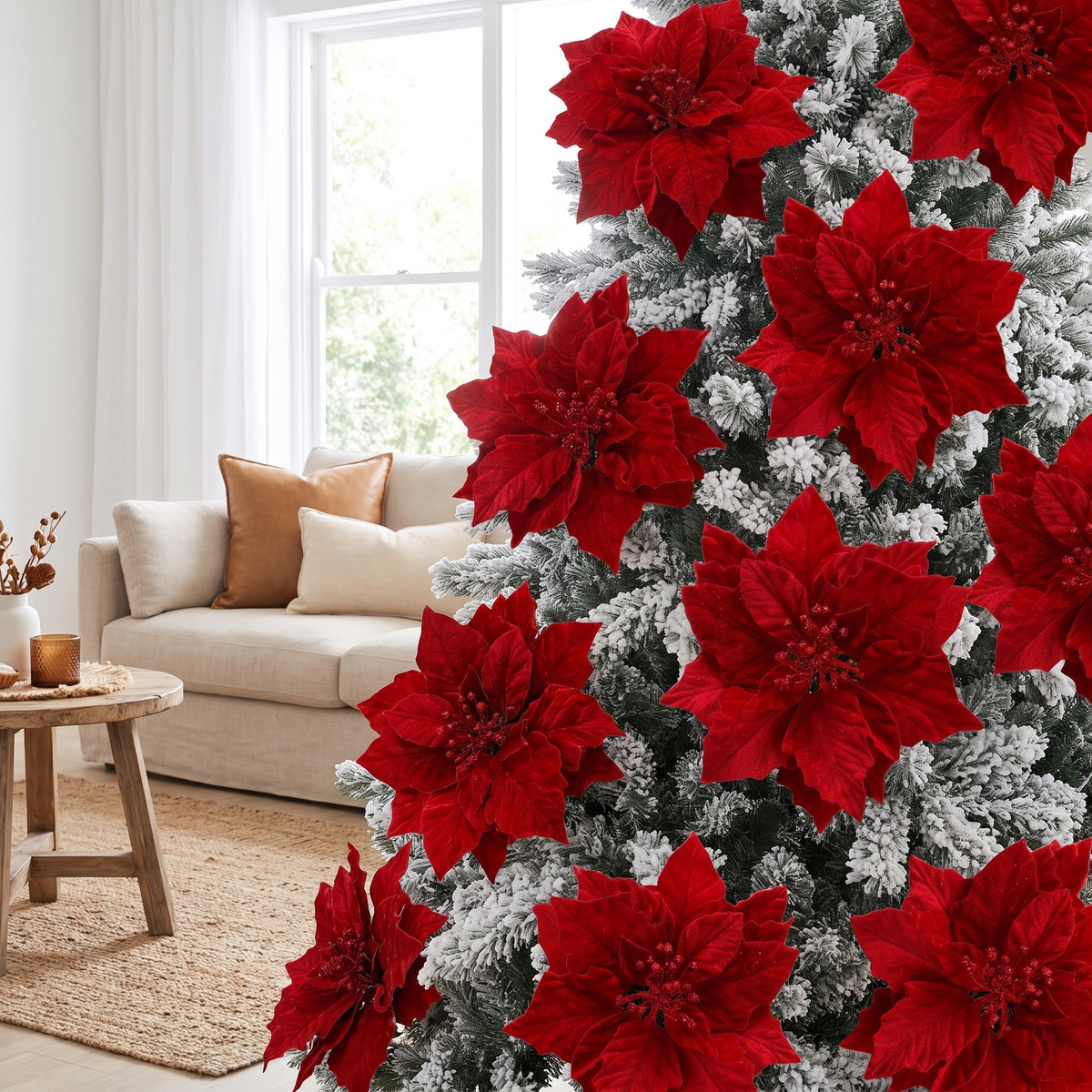 Red Poinsettia Christmas Tree Flowers – Set of 14, 25cm – on a Christmas tree in a light-filled living room