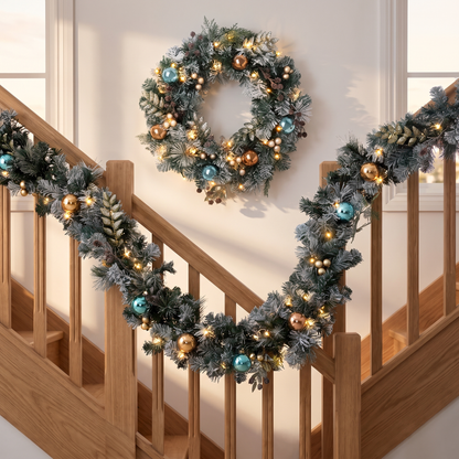 Snow-Flocked Pre-Lit Christmas Wreath & Garland Set – 60cm, 2.7m – glowing on a timber staircase banister at dusk