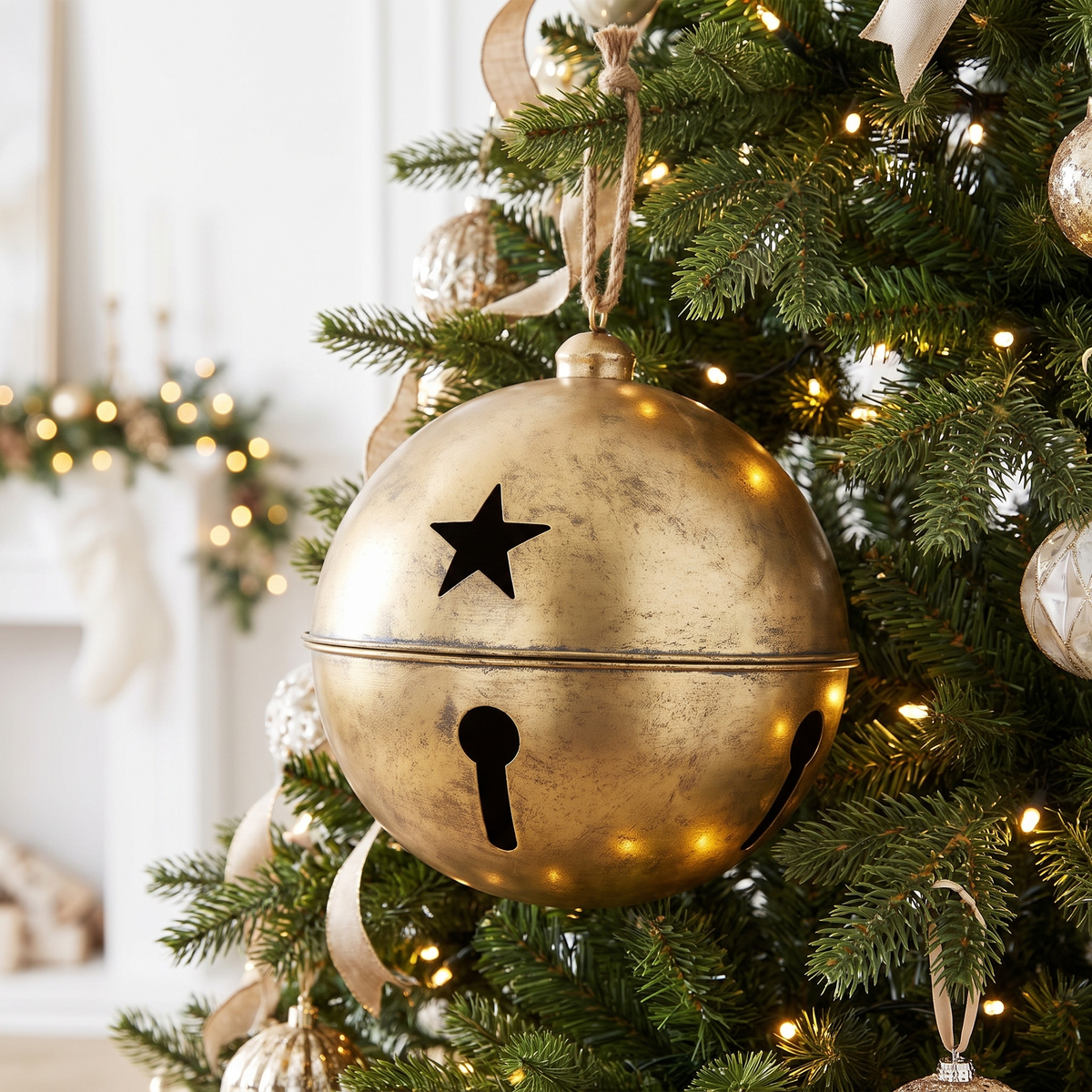 Distressed Gold Star Bell Christmas Ornament – 35cm – on a decorated Christmas tree
