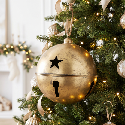 Distressed Gold Star Bell Christmas Ornament – 35cm – on a decorated Christmas tree