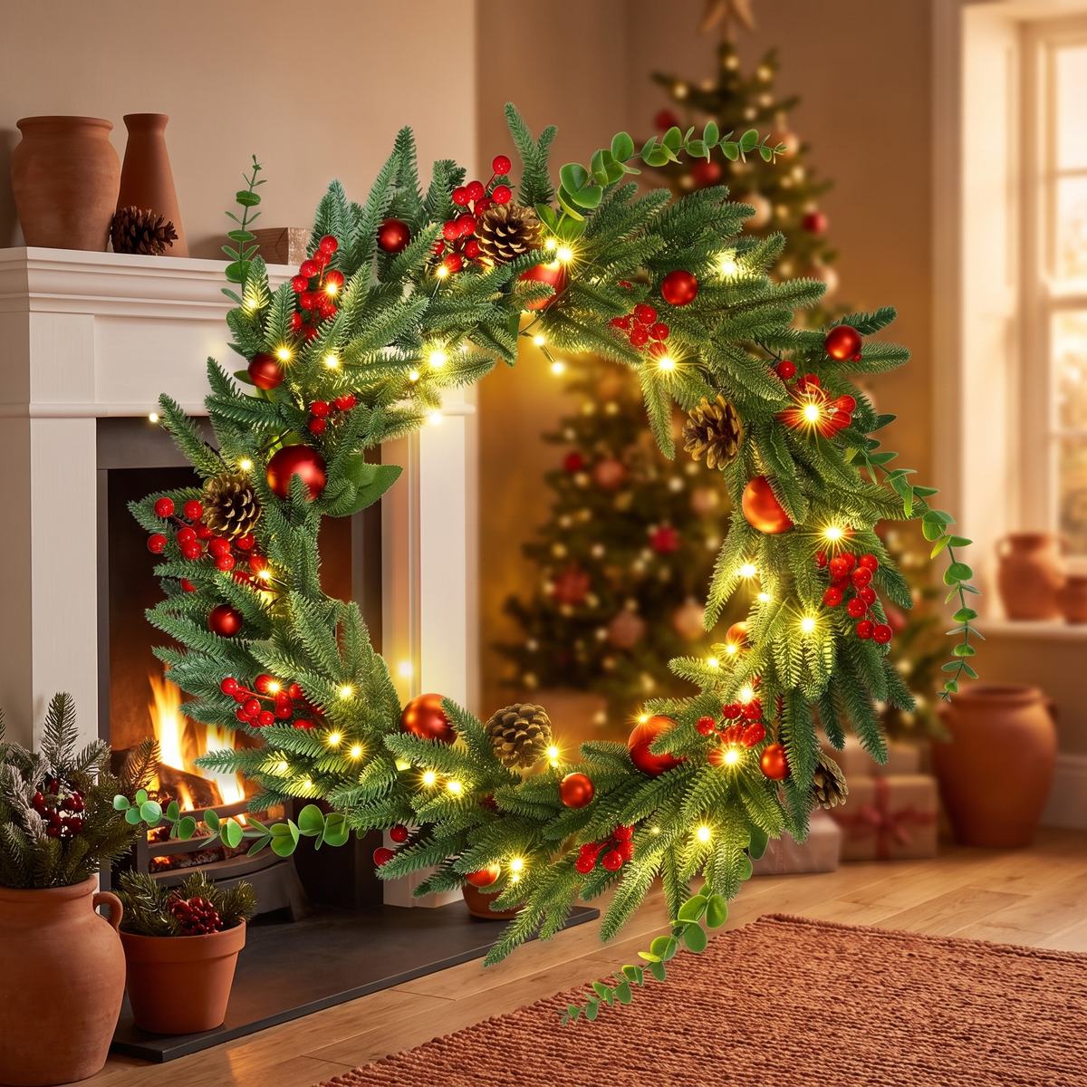 Red Berry & Pine Cone Pre-Lit Christmas Wreath – 60cm, 50 LED – glowing above a white mantelpiece at dusk
