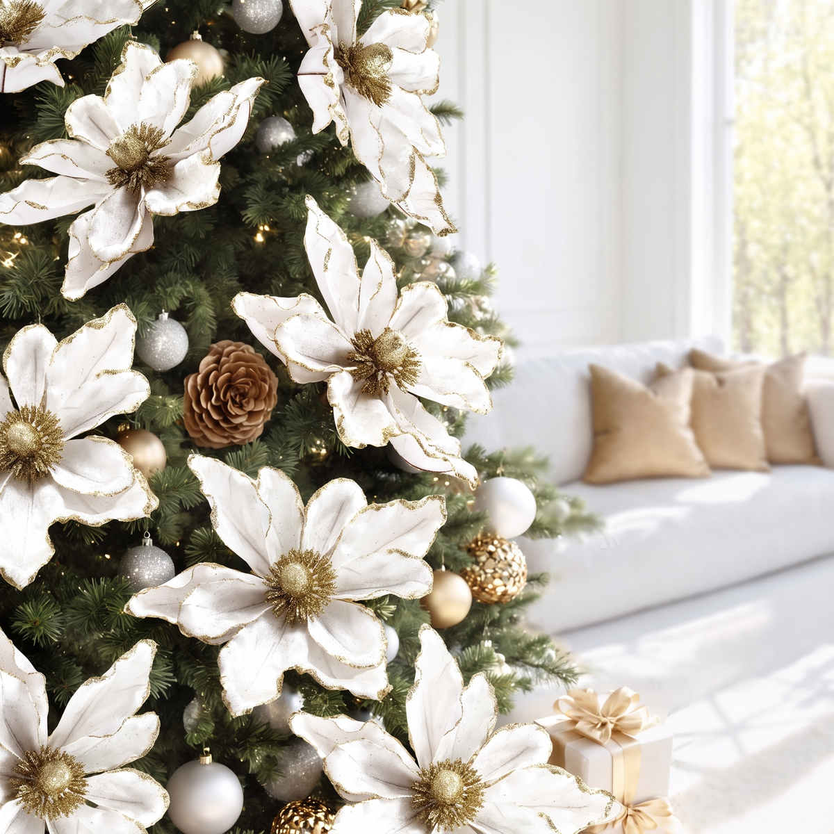 White & Gold Magnolia Christmas Tree Flowers – Set of 14, 25cm – on a decorated Christmas tree